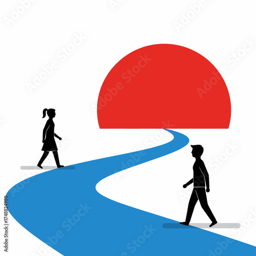 Two People Walking on Separate Paths Towards a Giant Red Setting Sun Symbolizing Different Journeys and Life Choices