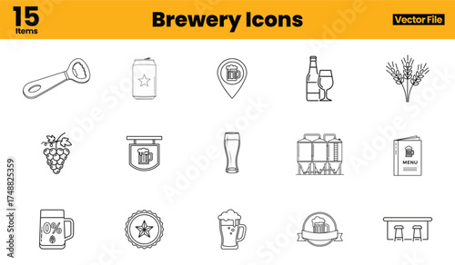 Brewery Icon Collection – Beer Mugs, Taps, Bottles, and Brewing Elements for Pub and Beverage Branding, Drinks