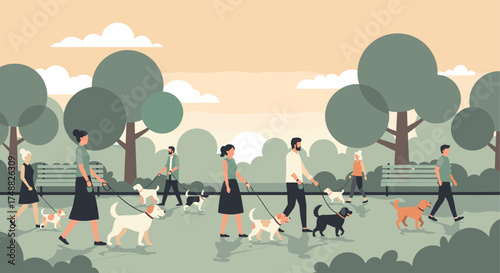 People walking dogs in a park