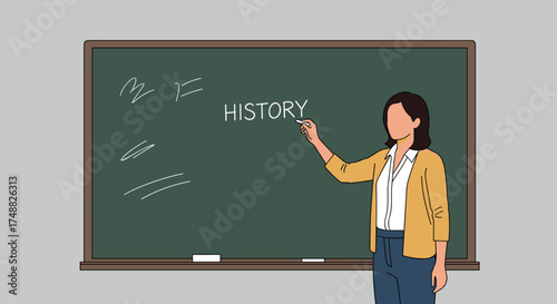 Illustration of a teacher writing 'history' on a chalkboard