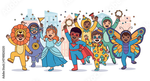 Group of children in various costumes at a parade