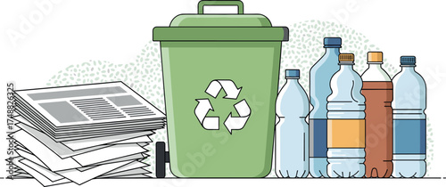 Recycling illustration with paper stack, green bin, and plastic bottles