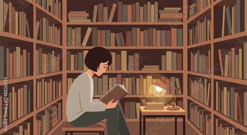 Woman reading in a cozy library with bookshelves and desk lamp