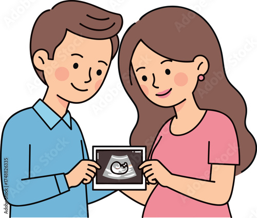 Cartoon couple holding ultrasound image of baby