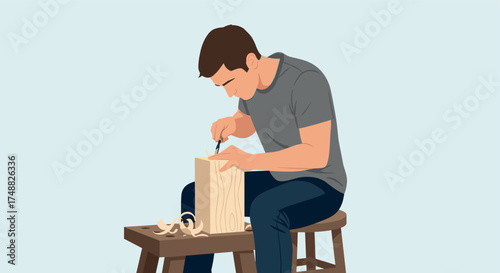 Man carving wood with chisel while seated