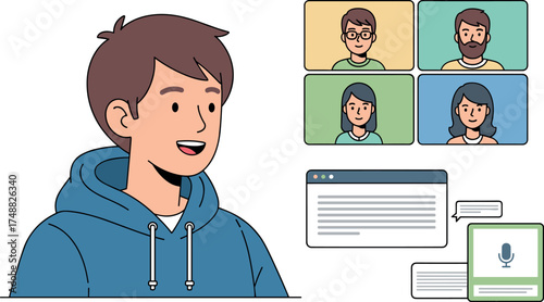 Illustration of a person in a video conference with chat and microphone icons