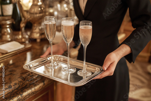 Waiter serving champagne glasses on silver tray in luxury restaurant or event. Professional hospitality service with elegant crystal flutes being presented at upscale celebration with formal attire.