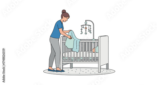 Woman placing blanket in baby crib with mobile
