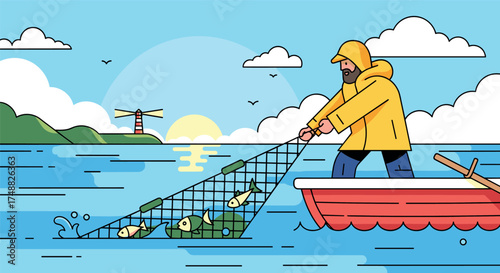 Fisherman hauling a net full of fish from a red boat near a lighthouse