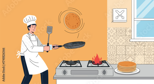 Cartoon chef flipping a pancake in the kitchen