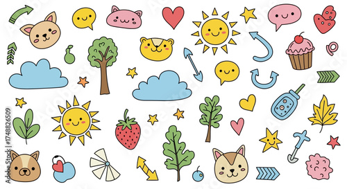 Whimsical Collection of Colorful Hand Drawn Elements Vector Illustration Set