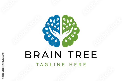Brain Tree Logo Design with hand Icon Symbol Illustration