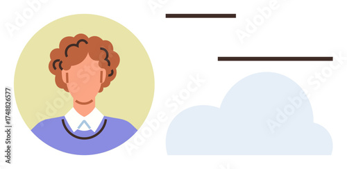 Portrait of person with curly hair in a circle, minimalist lines, cloud graphic. Ideal for networking, communication, technology, online identity, creativity collaboration abstract. A simple flat