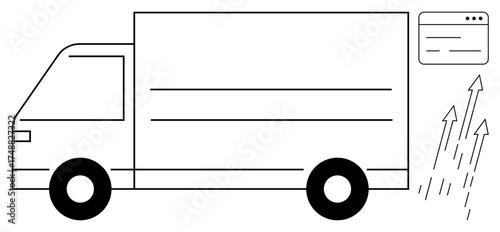 Minimalistic delivery truck, webpage interface box, and upward growth arrows. Ideal for logistics, e-commerce, shipping, transportation, growth supply chain digital innovation. A simple flat