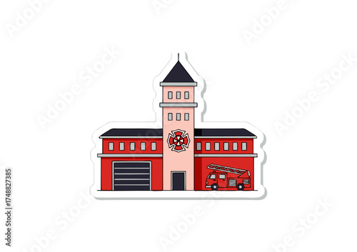 Fire Station Building Sticker Illustration with Fire Truck