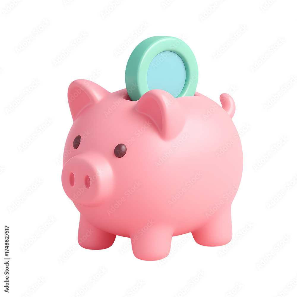 Obraz premium 3D cartoon piggy bank with colorful coin on transparent background. Minimal style, playful design for finance, savings, or budgeting concepts