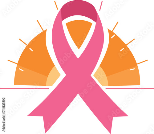 Pink Ribbon with Sunburst Symbolizing Positivity, Hope, and Strength in Awareness, Breast Cancer