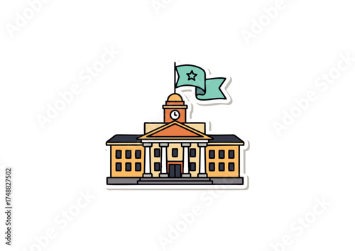 Stylized icon of a classic university or government building with a prominent clock tower and flag, representing education, tradition, and civic pride