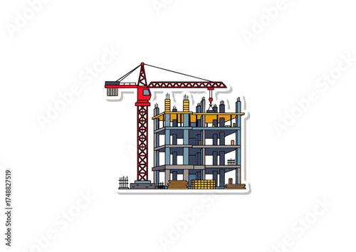 Construction Site with Crane Building Under Construction Illustration