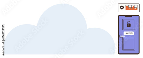 Blue cloud with locked purple door marked unlock, and a settings control panel with gears and graphs. Ideal for cybersecurity, privacy, data storage, access control, cloud services, encryption
