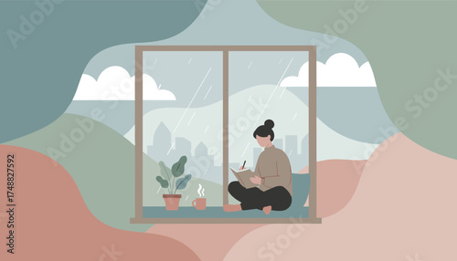 Serene woman journaling by window on a rainy day cozy indoor activity selfcare