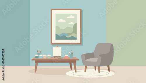 Art studio setup with easel paints and armchair for creative relaxation