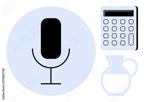 Black microphone on stand, digital calculator, white pitcher in abstract composition. Ideal for communication, education, technology, math, home essentials, modern design simple flat metaphor