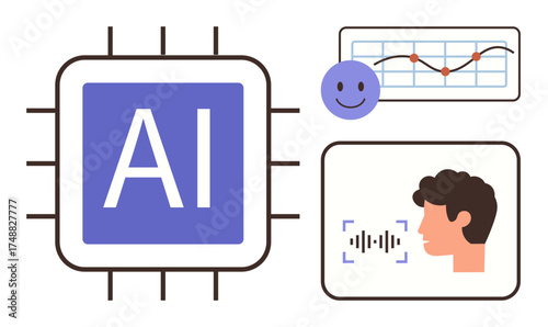 AI chip with integrated facial recognition, sentiment analysis using emotions, and data insights via graphs. Ideal for technology, innovation, machine learning, artificial intelligence, data
