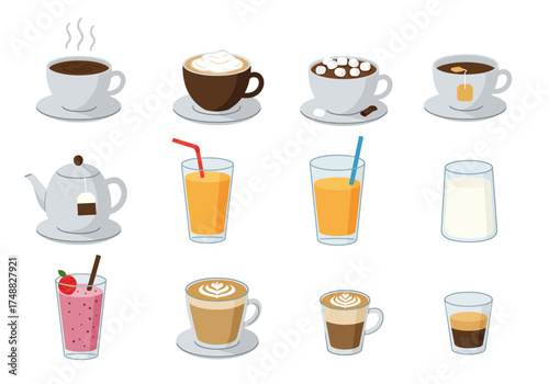 A collection of various popular beverages illustrated