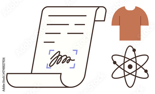 Scroll-thumbs up paper with signature, atom structure, and shirt symbolize agreements, science, creativity, education, legal work, fashion industries and research partnerships. Ideal for simple flat