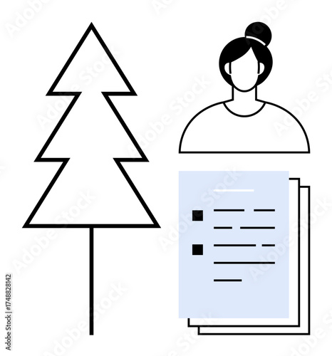 Pine tree, person with hair bun, document stack with checklists. Ideal for sustainability, planning, organization, environment, ecology decision-making personal responsibility. Simple flat metaphor