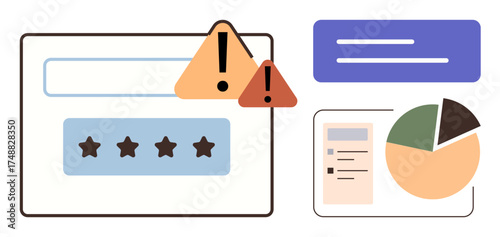 Alert icons with exclamation marks near input forms, star ratings, bar and pie charts for data analytics. Ideal for system issues, data feedback, error analysis, customer review, UX design, risk