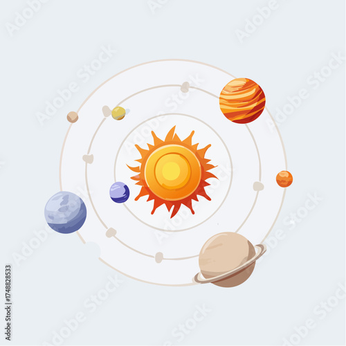 Illustration depicting the solar system with planets orbiting a vibrant central star on a gray background