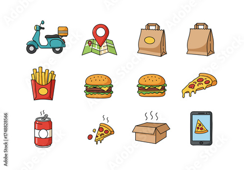 Food Delivery Icons Scooter, Map, Burgers, Pizza, Fries, and Mobile Ordering