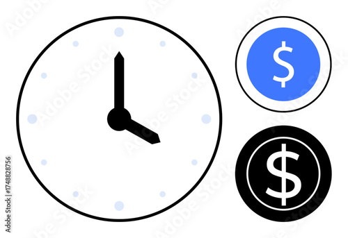 Clock with minimalist design paired with blue and black dollar icons. Ideal for time management, efficiency, productivity, finance, budget planning, decision-making, simple flat metaphor