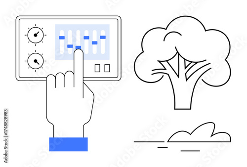 Hand interacting with control panel sliders alongside tree and shrub outlines. Ideal for sustainability, ecology, environment, climate control, technology, balance, decision-making. Simple flat