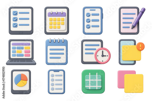 3D Digital Planner Icons. Digital planner set of icons in 3D color style: tablet with checklist, calendar on screen, smartphone with tasks, stylus