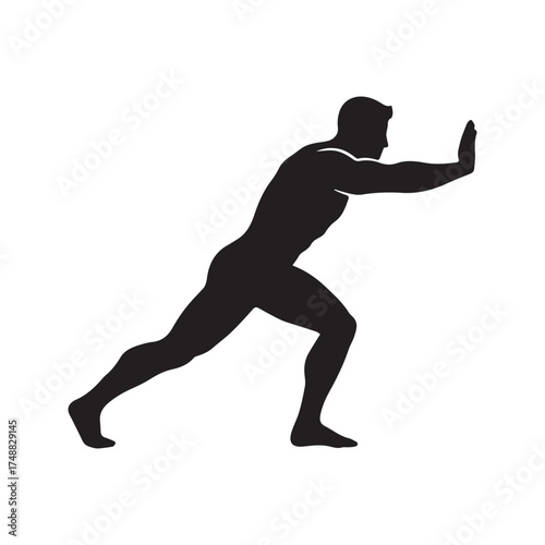 Silhouette of a man pushing with force. Vector illustration symbolizing effort, strength, resistance, and overcoming obstacles.
