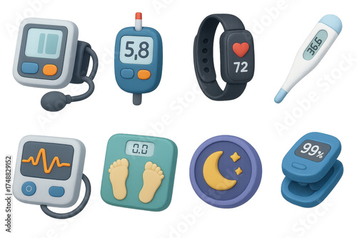 Health Device Icons. Health Monitoring Devices set of icons in 3D color style: blood pressure monitor, glucose meter, fitness tracker, digital