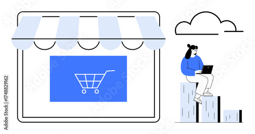 Digital storefront with blue shopping cart icon, person working on laptop analyzing data, cloud overhead. Ideal for e-commerce, entrepreneurship, shopping, online business, market analysis, digital
