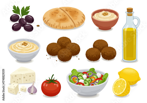 Delicious Mediterranean Food Hummus, Falafel, Salad, Olives, and Lemon Oil