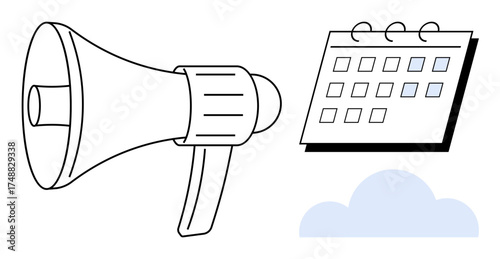 Megaphone for announcements, calendar for scheduling, cloud for digital connectivity. Ideal for event planning, marketing, communication, scheduling, digital tools strategy teamwork. Simple flat