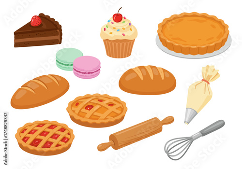 Delicious Assortment of Baked Goods and Baking Utensils Vector Illustration