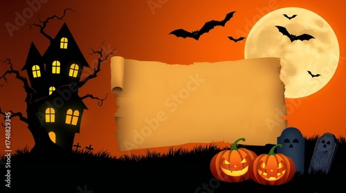 Halloween haunted house with pumpkins bats and spooky ghosts on a full moon night