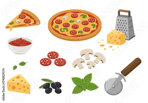 Pizza ingredients and pizza slice ready to be prepared and cooked