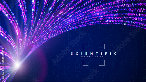 Scientific Research Background. Blue Tech Cosmos Bg. Space Network. Graphic Banner With Bio, Chemical, And Digital Components. Abstract Data Science Pattern With Dots.