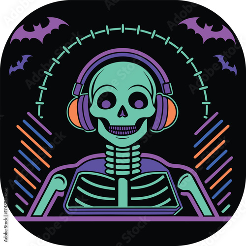 Neon Skeleton DJ with Headphones and Bats for Halloween Party music