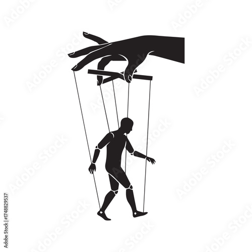 Puppet master's hand controlling a man marionette on strings. Black silhouette vector concept for manipulation, dominance, and corporate authority.
