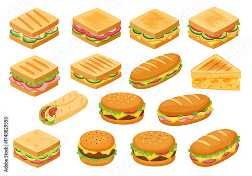 Isometric Assortment Delicious Sandwiches and Burgers Illustration