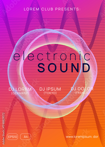 Techno Banner. Festival Cover. Blue Fest Poster. Nightclub Audio Invitation. Party Event. Sound Electro Element. Green Dj Flyer. Violet Techno Banner